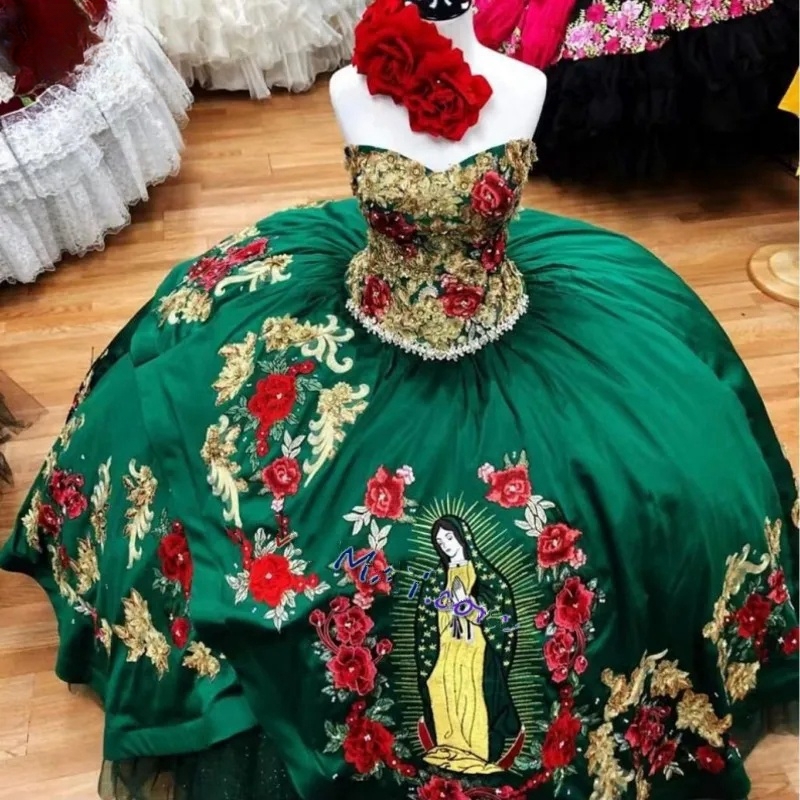 Green Mexican Quinceanera Dresses Ball Gown Sweetheart Appliques Beaded Puffy Charro Sweet 16 Dresses 15 Anos