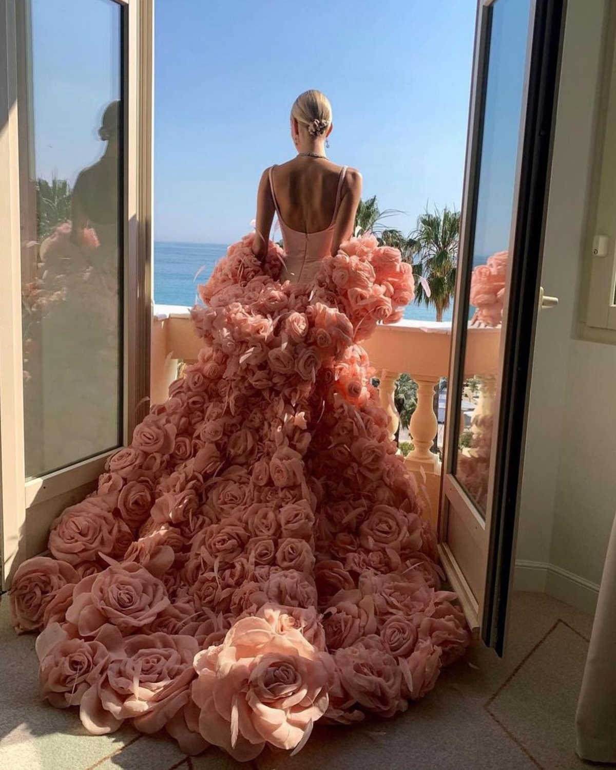 Flowers Mermaid Prom Dress 2-Pieces V Neck Sequins Lace 3D Lace Tulle Appliques Tail Evening Dresses Custom Made Size Colour D-L23414