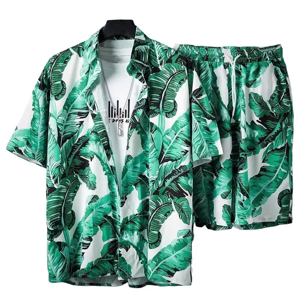 2Pcs/Set Men Shirt Shorts Set Hawaiian Style Lapel Short Sleeve Outfit Single Breasted Elastic Drawstring Waist Pockets Clothes 240518