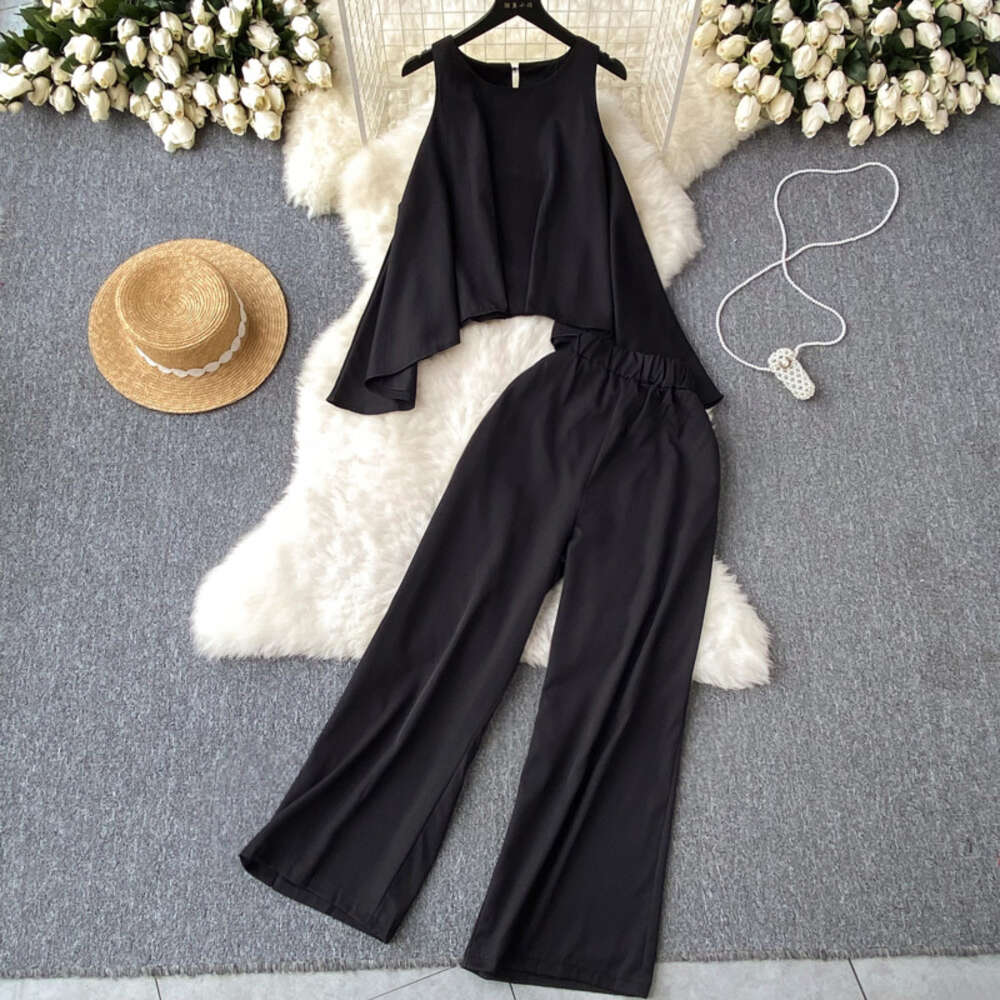 Fashionable And High-end Suit For Women French Style Unique Long Sleeved Round Neck Off The Shoulder Top Elastic Waist Wide Leg Pants Two-piece Set