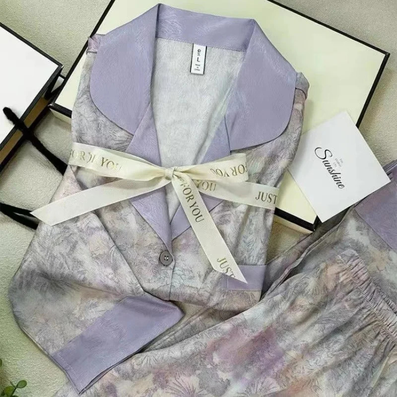 Flowers Twill Print Classy Womens Pajamas Spring Autumn Two-piece Sets Long Female Lounges Simulated Silk 2024 Y2k Homewear 240530