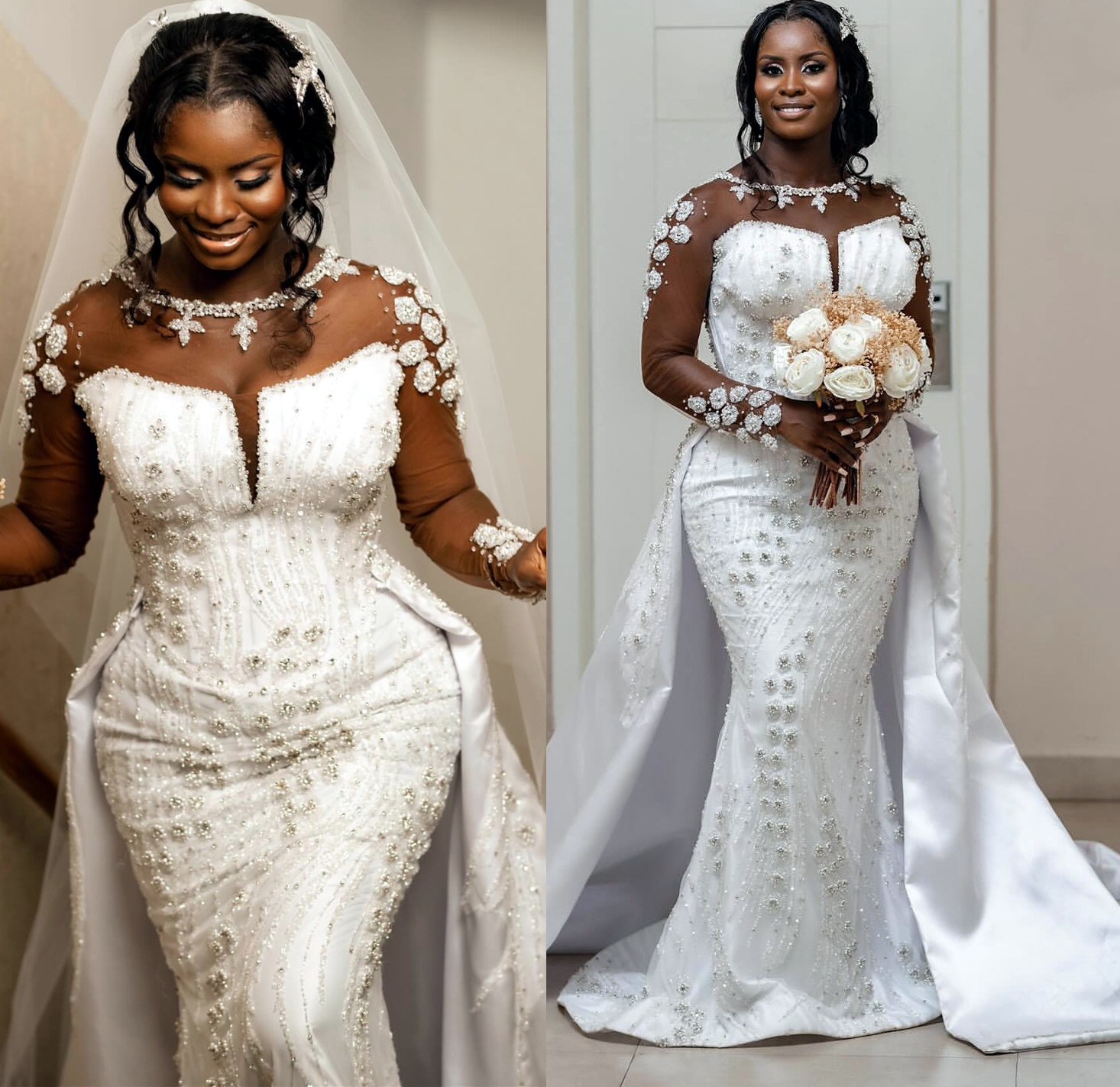 2024 Arabic Aso Ebi Plus Size Urious White Mermaid Wedding Dress Lace Beaded Crystals Bridal Gowns Dresses Zj0355 0107