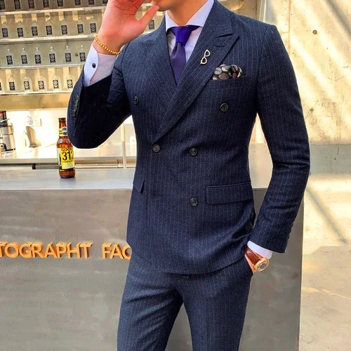 Stripe Suit Pants Mens British Style Fashion Boutique Slim Fit Party Double Breasted 2 Pieces Sets Blazers Jacket Coat Trousers 240518