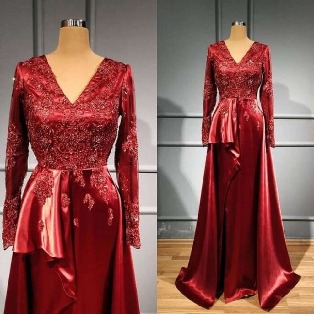 Red V Neck Lace Appliques Evening Gowns Saudi Arabia Long Sleeves Peplum Prom Dresses Zipper Back Robe De Soiree Formal Wear 0530
