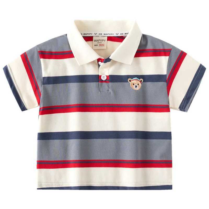 Polos Polos 2024 New Summer Childrens Short sleeved Seven Piece T-shirt Boys Striped Polo Shirt Cartoon Broidery Breathable Cotton Suitable for ages 3