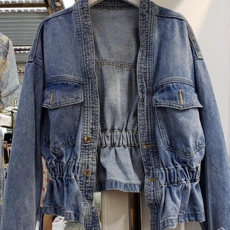 Denim Jacket for Women Plain Cinched Waist Slim Woman Jean Coat Blue Outerwear Spring Autumn Fashion Low Price Y2k Clothes 240528