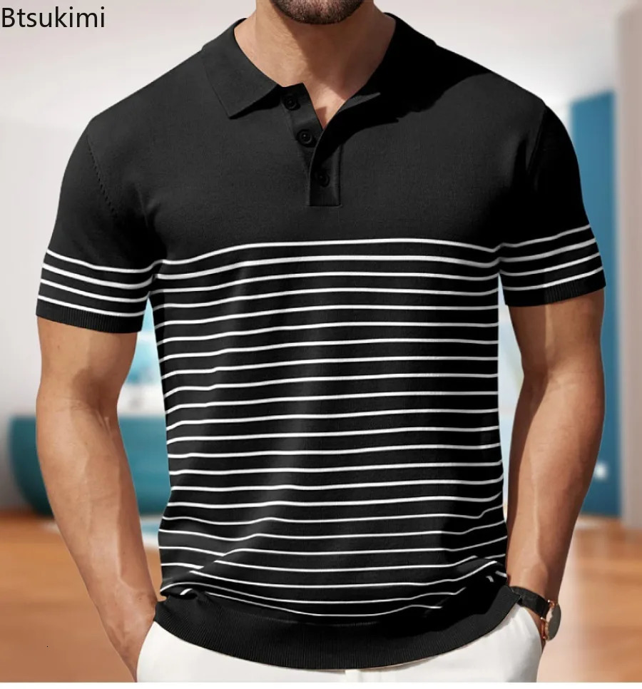 Summer Mens Shortsleeved Knitted Polo Shirt Vintage Jacquard Men Business Casual Breathable All Match Tops for 240529