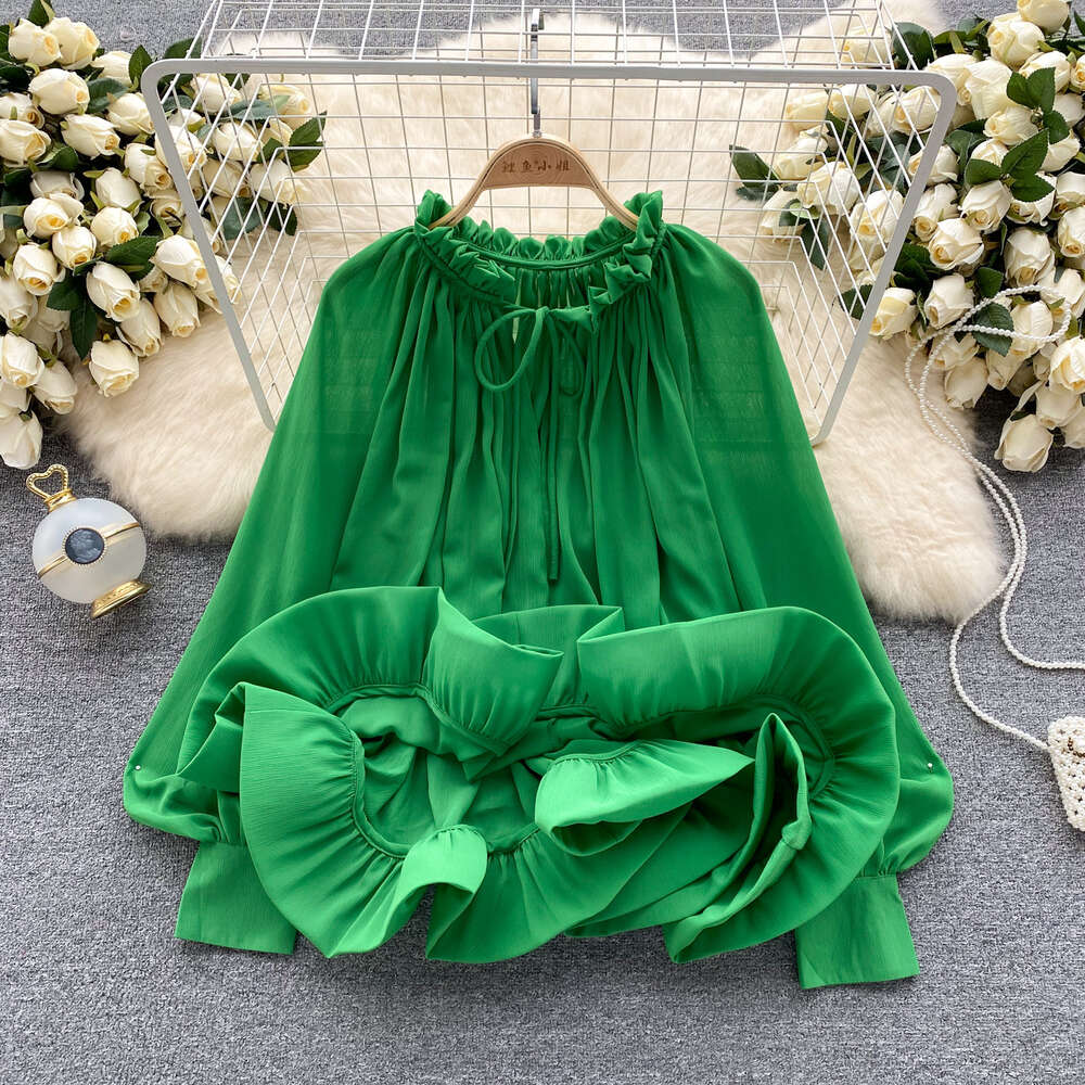 French haute couture temperament lantern long sleeved lace up loose ruffle hem shirt for womens fashionable and unique niche top