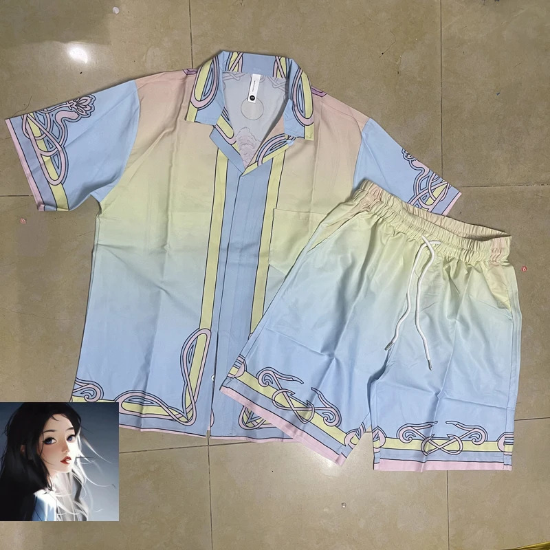 Pink Cloud Garden Print Shorts Shirt Set High Quality Men Women Summer Hawaii Beach Seaside Holiday Surf Suit 240518