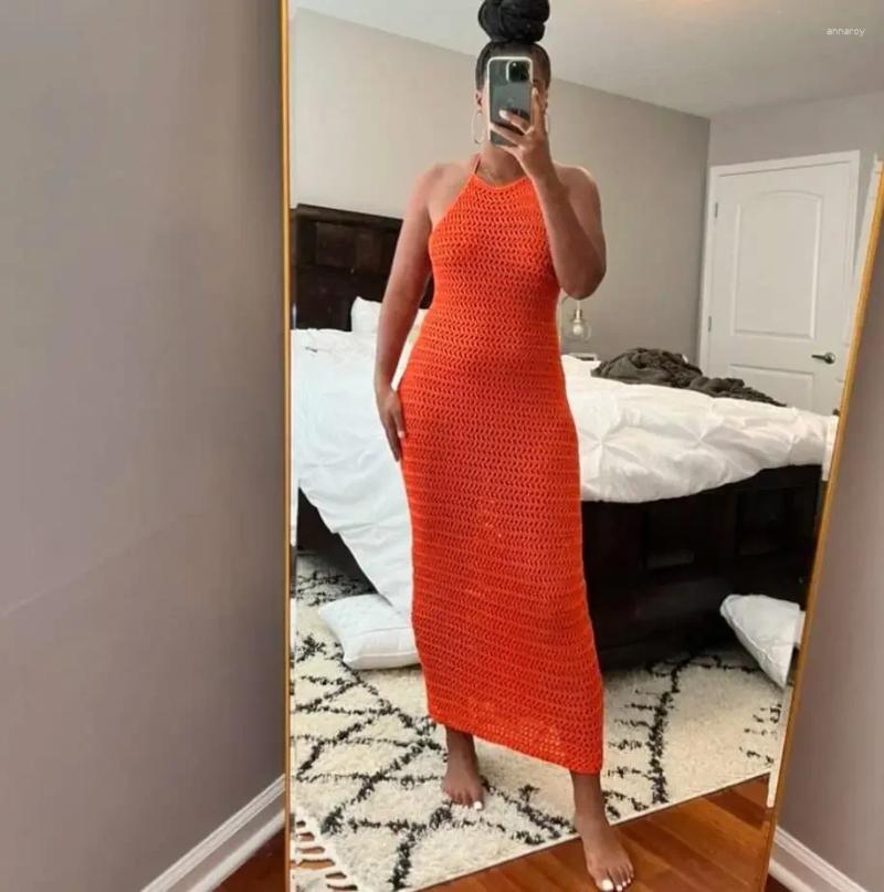 Casual Dresses Hirigin Women Summer Knit Dress Solid Color Sleeveless Halter Neck Slim Fit Ankle-Length For Party Beachwear