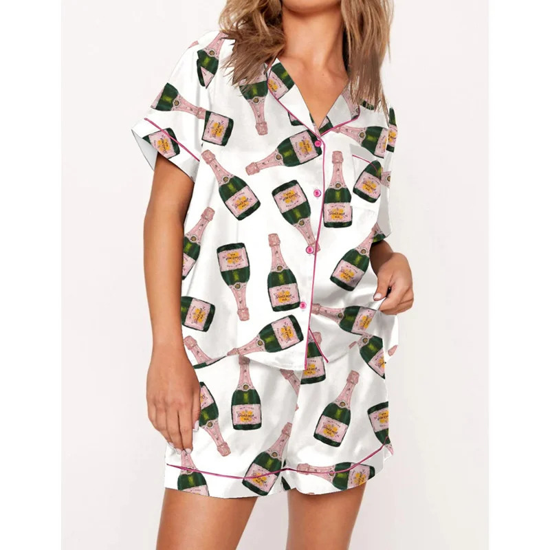 Xingqing 2 Piece Pajama Set y2k Women Wine Bottle Print Lapel Collar Single Breasted Short Sleeve Shirt and Shorts Loungewear 240530