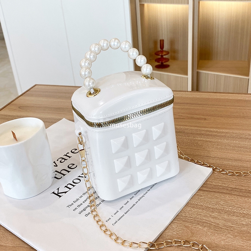 DingTalk Jelly Bag New Pearl Women's Handbag Fashion Chain Bucket Bag Single Shoulder Crossbody Bag Cute Mini Bag