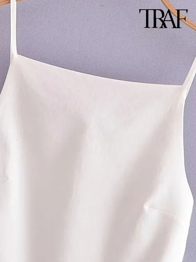 TRAF Women Fashion Backless With Thin Straps Linen Tank Tops Sexy Straight Neck Sleeveless Female Camis Mujer 240514