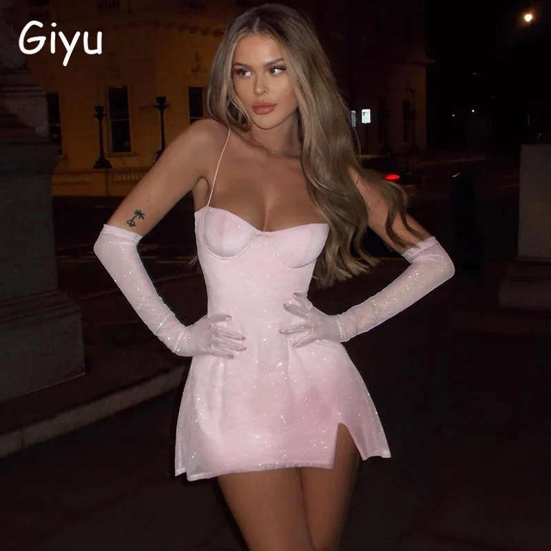 Giyu Sexy Club Prom Party Dresses Women Summer Autumn Glitter Sparkle Bodycon Mini Dress Elegant Backless Birthday Vestidos 240529