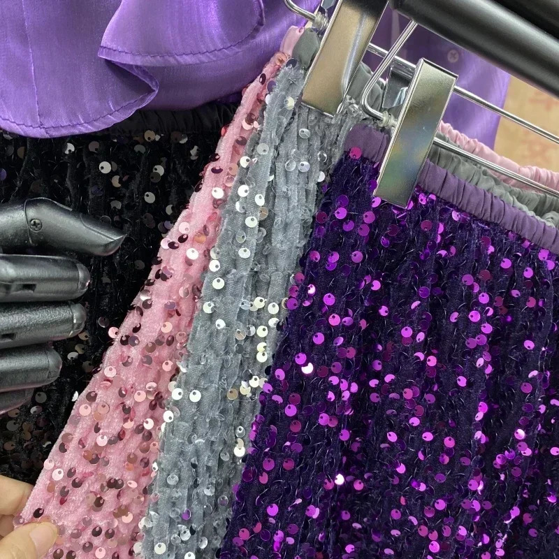 Spring A-line Skirts French Chic Elegant Elastic High Waist Glitter Sequins Spliced Sexy Midiskirt Casual Femme Skirt Dropship 240529