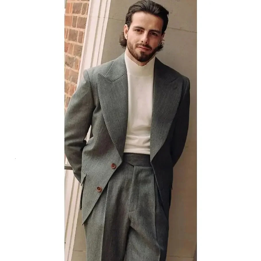 Men Suit Two Pieces Blazer Pants Single Breasted Wide Lapel Handsome Business High-quality Loose Fit Wedding Groom Costume Homme 240518