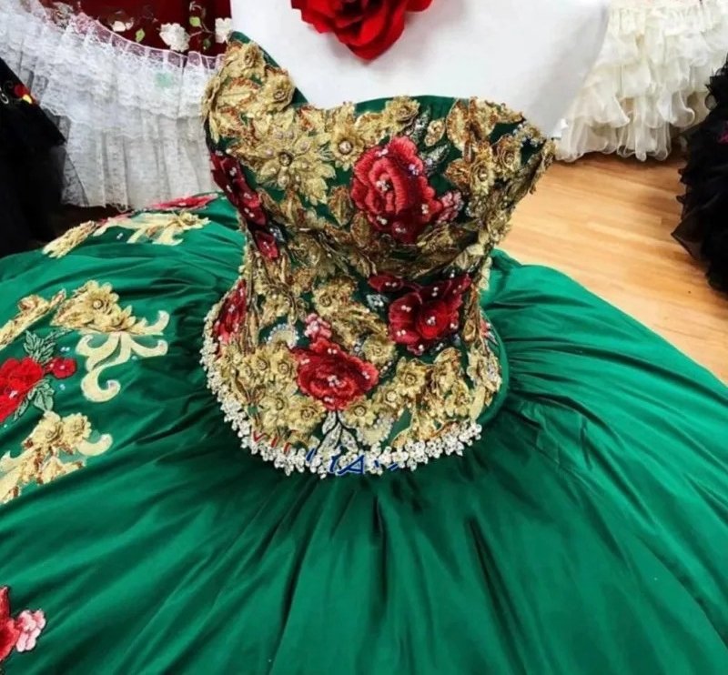 Green Mexican Quinceanera Dresses Ball Gown Sweetheart Appliques Beaded Puffy Charro Sweet 16 Dresses 15 Anos
