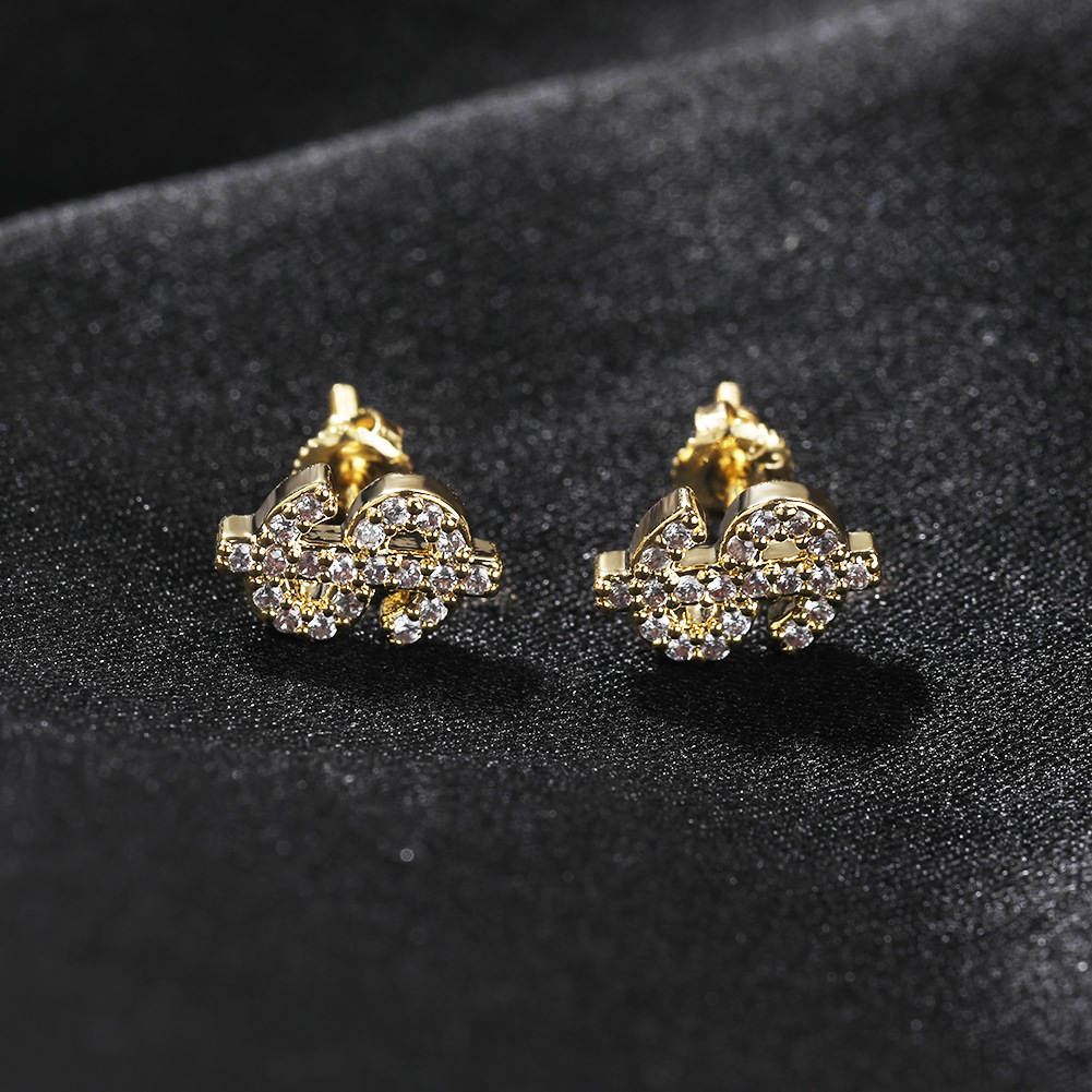 Hip Hop Dollar Symbol Screwback Stud Earring 5A Zircon 18K Gold Plated Jewelry