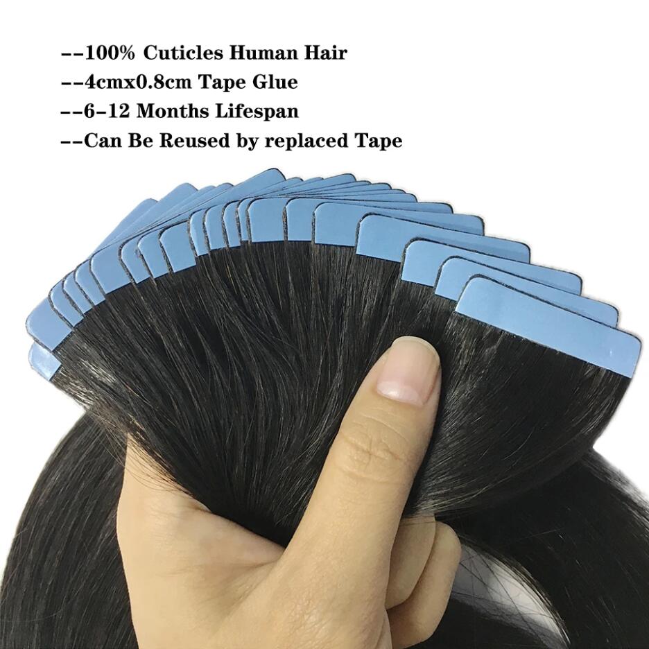 Tape In Straight Brazilian Adhesive Extensions Skin Weft Black Brown 100% Real Human Hair For Women 20Pcs/Lot
