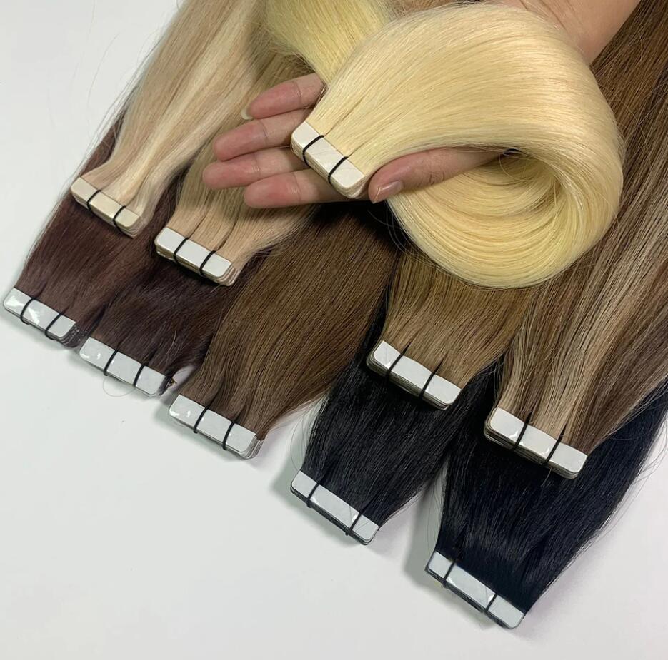 Tape In Straight Brazilian Adhesive Extensions Skin Weft Black Brown 100% Real Human Hair For Women 20Pcs/Lot