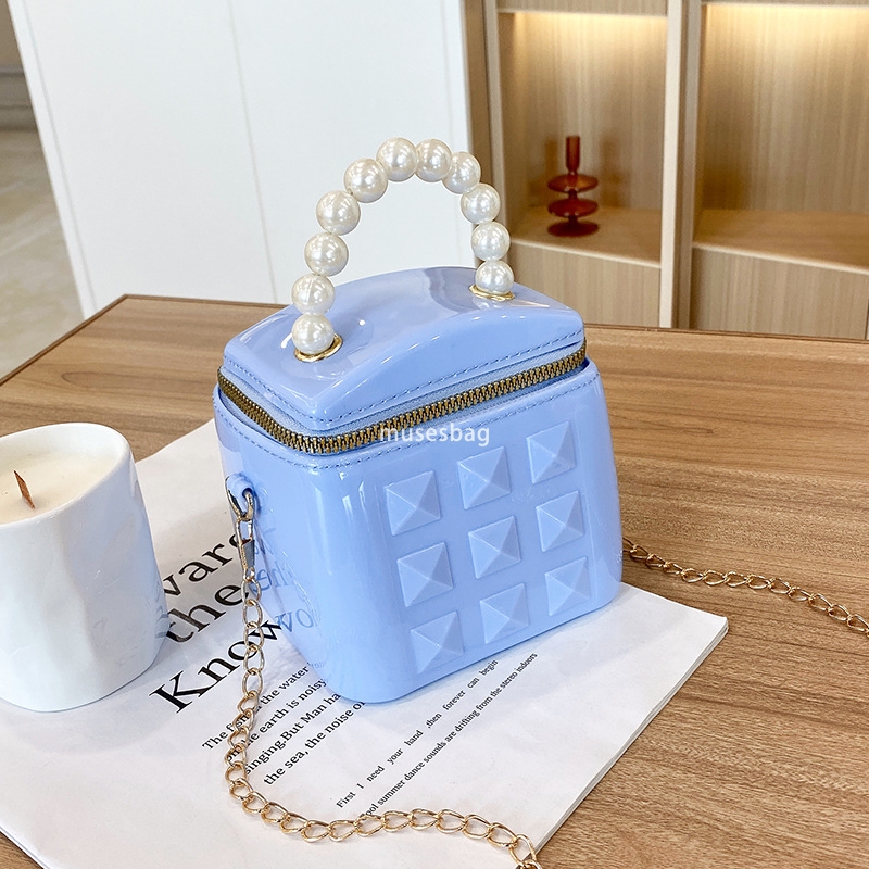 DingTalk Jelly Bag New Pearl Women's Handbag Fashion Chain Bucket Bag Single Shoulder Crossbody Bag Cute Mini Bag