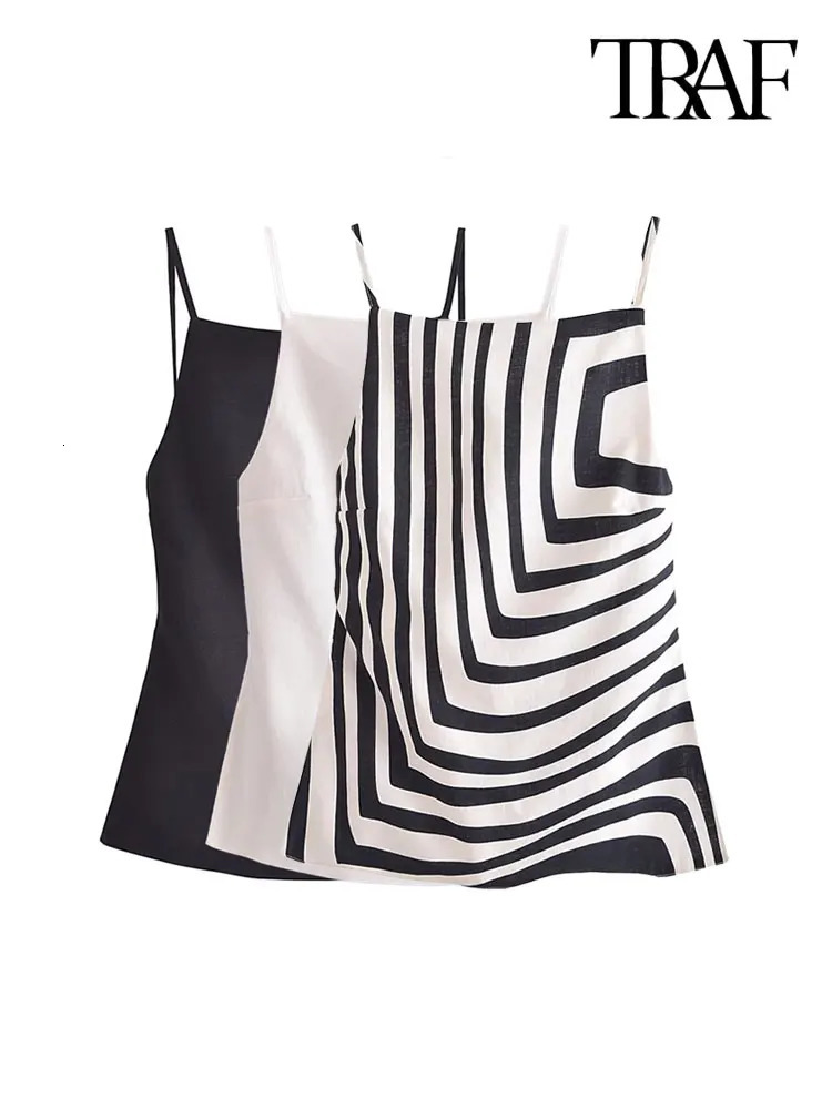 TRAF Women Fashion Backless With Thin Straps Linen Tank Tops Sexy Straight Neck Sleeveless Female Camis Mujer 240514