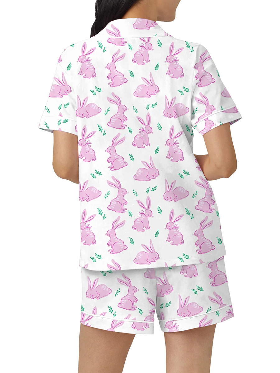 Women 2 Piece Y2k Rabbit Print Pajama Set Short Sleeve Lapel Collared Button Down Shirt Shorts Pjs Lounge Easter Day Sleepwear 240530