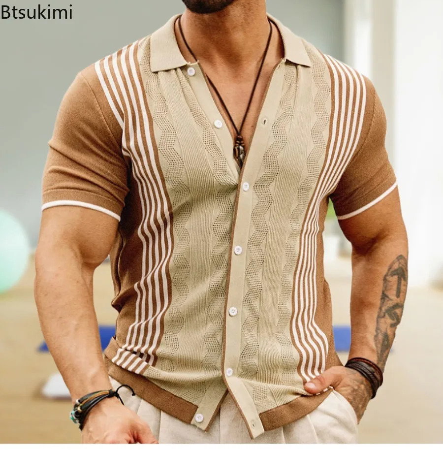 Summer Mens Shortsleeved Knitted Polo Shirt Vintage Jacquard Men Business Casual Breathable All Match Tops for 240529