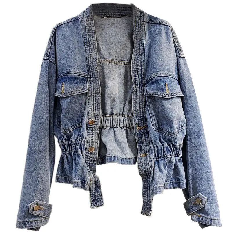 Denim Jacket for Women Plain Cinched Waist Slim Woman Jean Coat Blue Outerwear Spring Autumn Fashion Low Price Y2k Clothes 240528