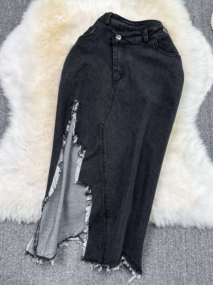 Fashionable set for womens spicy girls denim chain suspender strapless vest two-piece set high waisted tassel split skirt summer