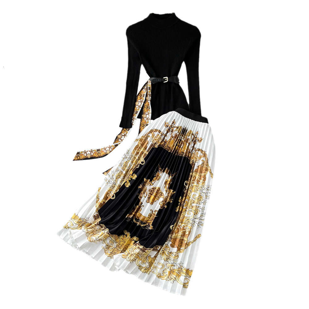 Fashion suit women stand collar slim knit top two-piece high waist baroque printed pleated skirt