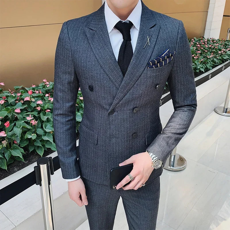 Stripe Suit Pants Mens British Style Fashion Boutique Slim Fit Party Double Breasted 2 Pieces Sets Blazers Jacket Coat Trousers 240518