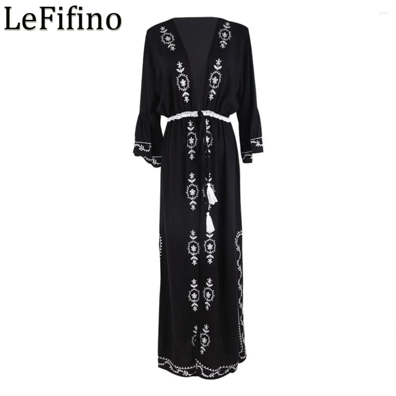 Summer Artificial Cotton Solid Color Embroidered Cardigan Drawstring Robe Vacation Sunscreen Coats Bikini Cover Up Outwear Women