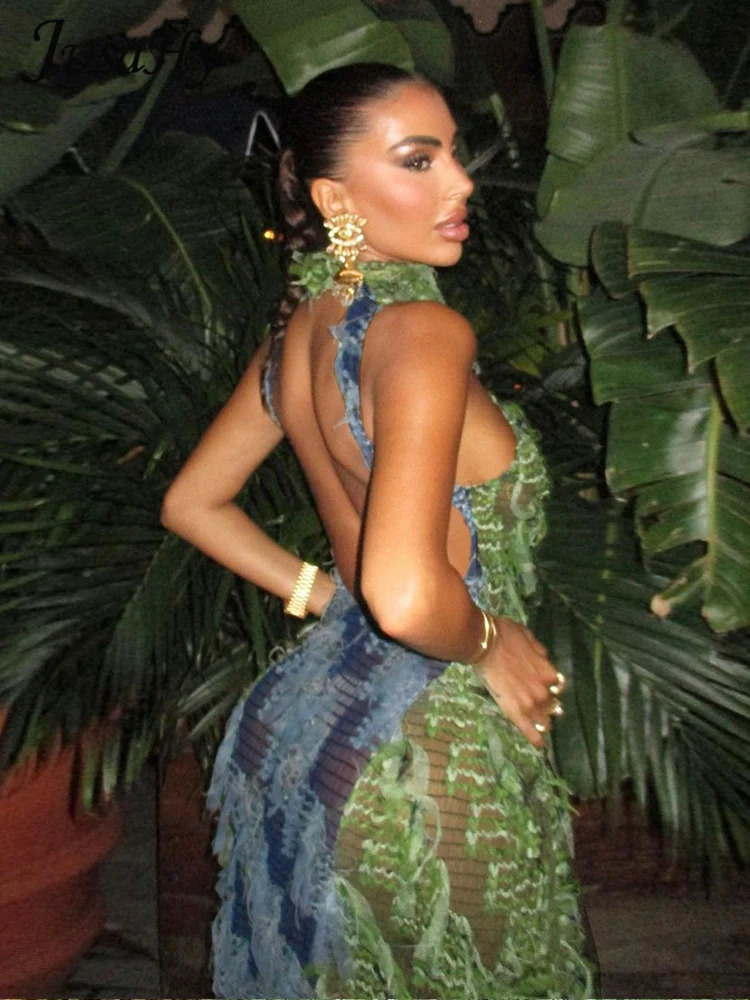 JusaHy Women Y2K Maxi Dresses Halter Green Elegant Hollow Out Patchwork Lace-up Vacation Holiday Backless Chic Dress 240530