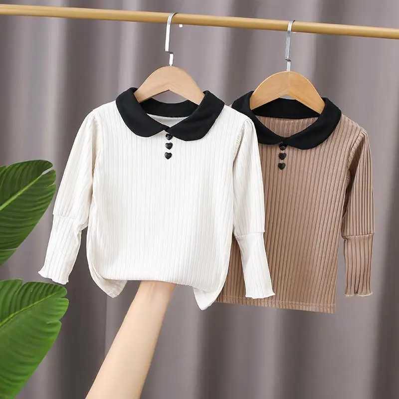 Polos Polos Childrens and Girls Cute Polo Shirt Peter Pan Colorful Heart Button Top 2023 New Childrens Spring and Autumn Clothing White Khaki Shirt WX