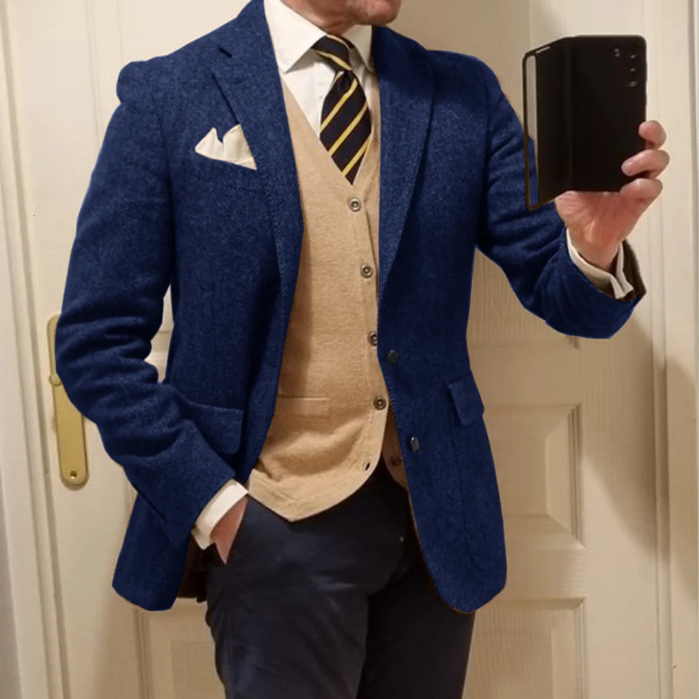 Mens Herringbone Single Breasted Jacket Casual Wedding Groom Suit Tuxedo Coat Elegant Mens Jackets Man Spring Suits Blazer 240518