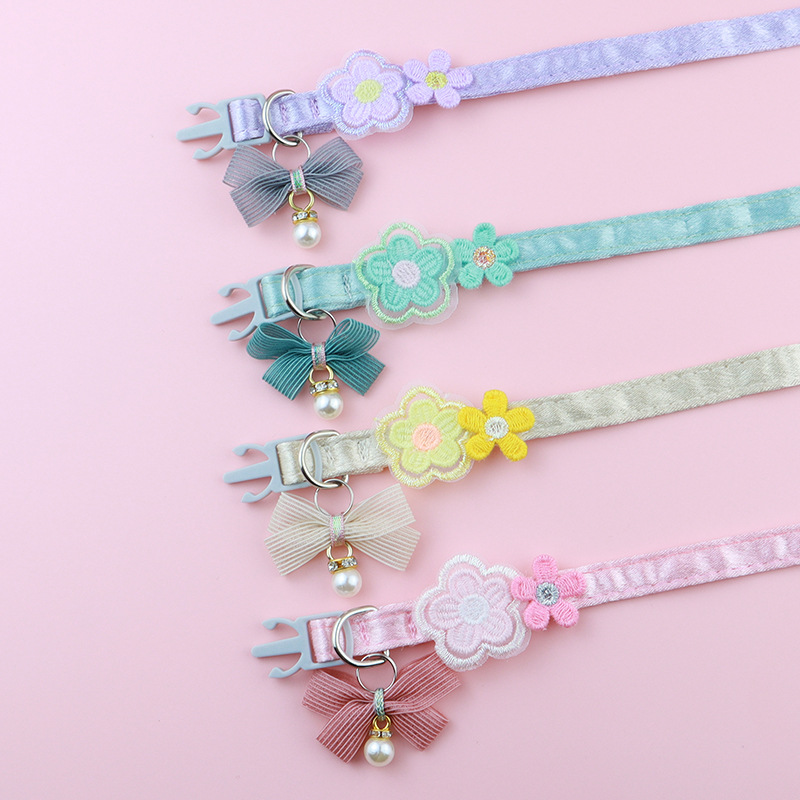 Cute Cat Collar Lace Embroidered Bow Solid Color Flower Decoration Personalized Adjustable Puppy Pearl Necklace Pet Accessories