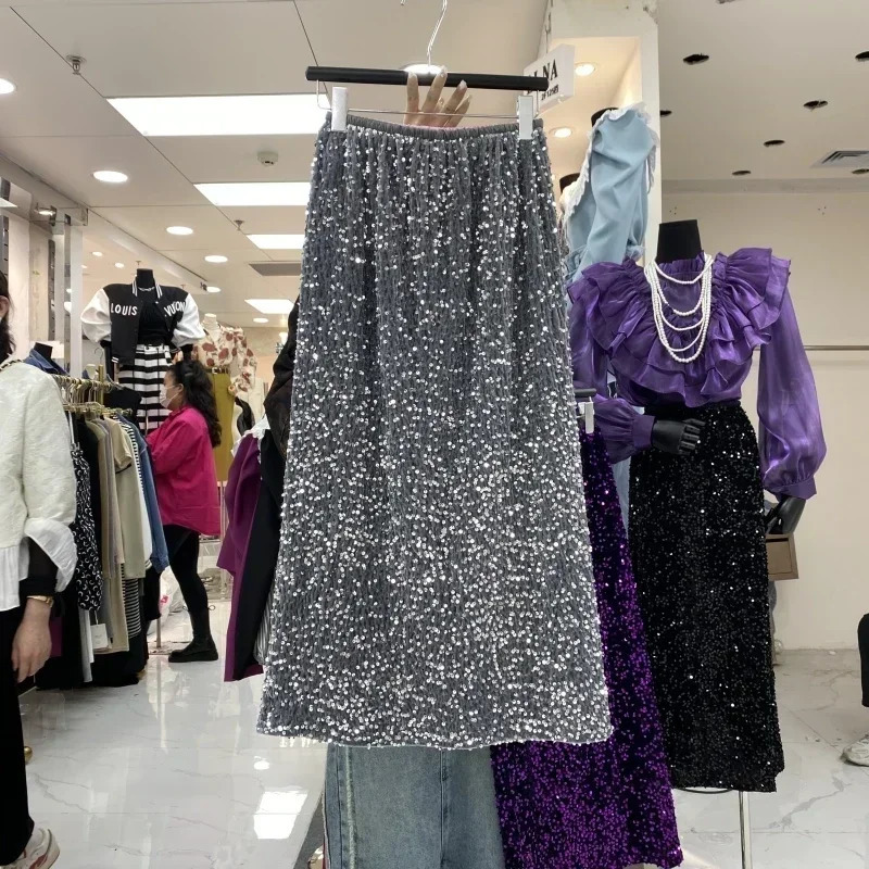 Spring A-line Skirts French Chic Elegant Elastic High Waist Glitter Sequins Spliced Sexy Midiskirt Casual Femme Skirt Dropship 240529