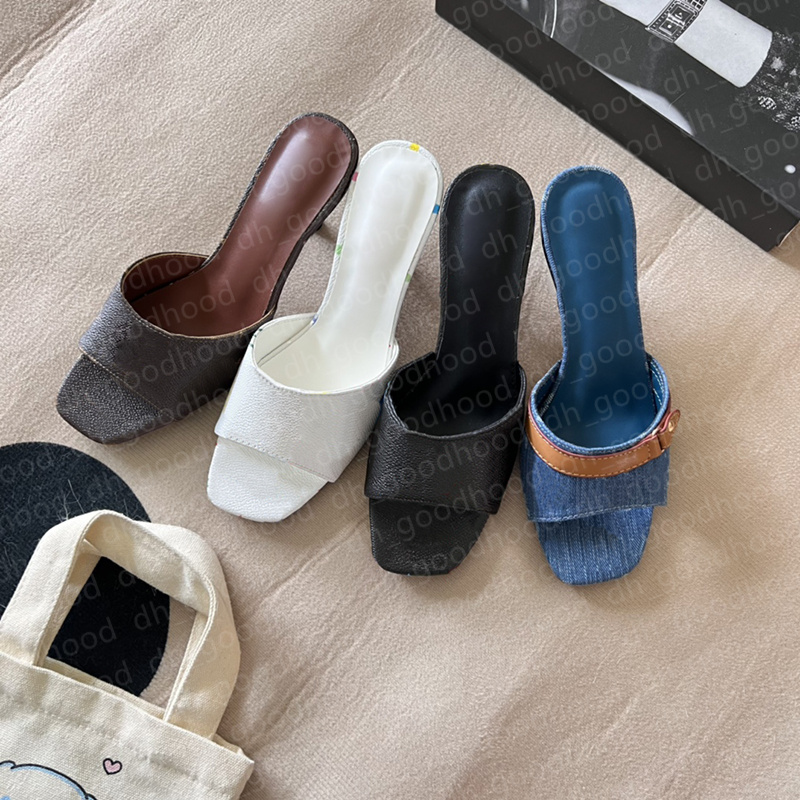 With Box High Heels Designer Sandals Womens Slippers Luxury Mid Heel Neo Revival Mules Ladies denim blue White Black Brown Ebony Classics Slides Leather Sandal