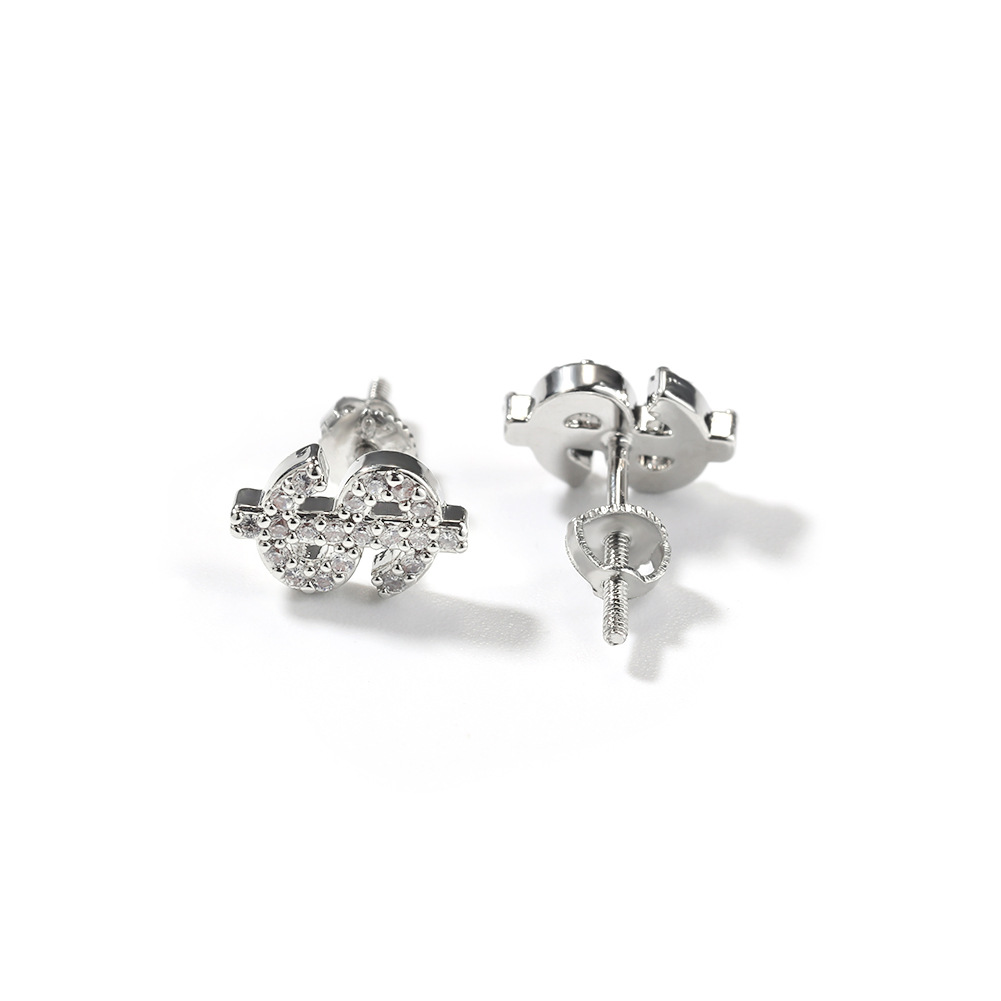Hip Hop Dollar Symbol Screwback Stud Earring 5A Zircon 18K Gold Plated Jewelry