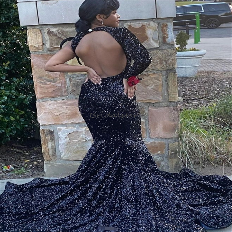 Black Sequined Sparkly Prom Dresses For Black Girls With Fearther Sexy One Shoulder Long Sleeve Mermaid Evening Dress Beaded Formal Occasion Birthday 