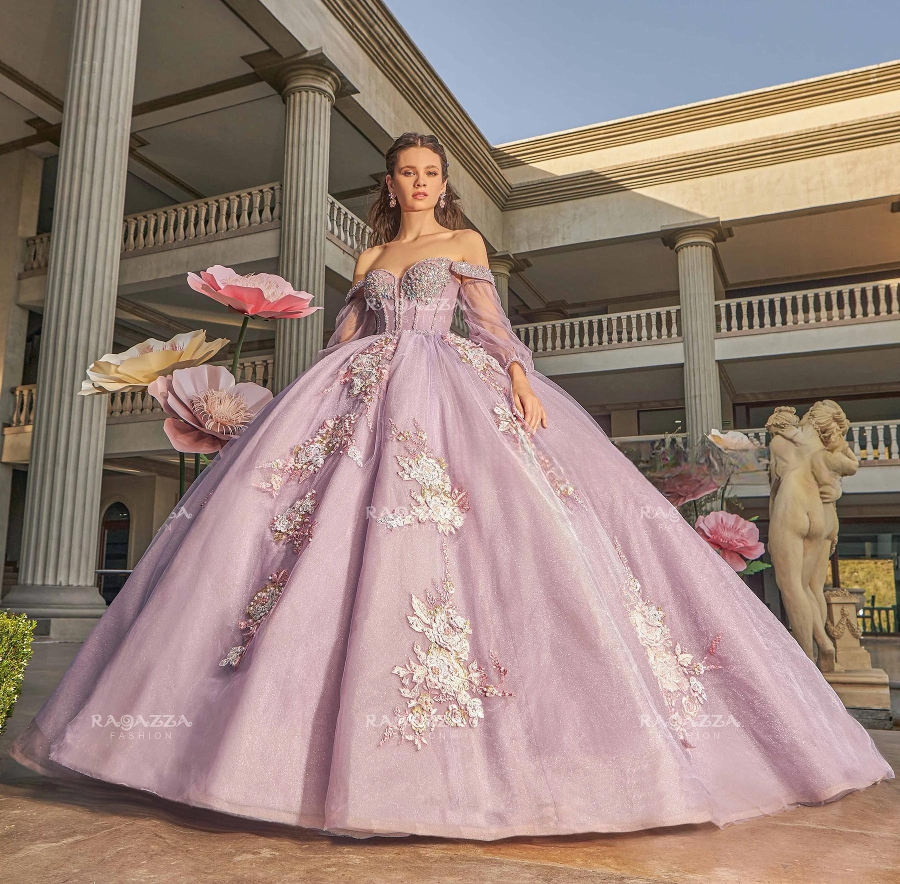 Lilac Mexican Quinceanera Dresses Ball Gown Long Sleeves Appliques Pearls Puffy Charro Sweet 16 Dresses 15 Anos