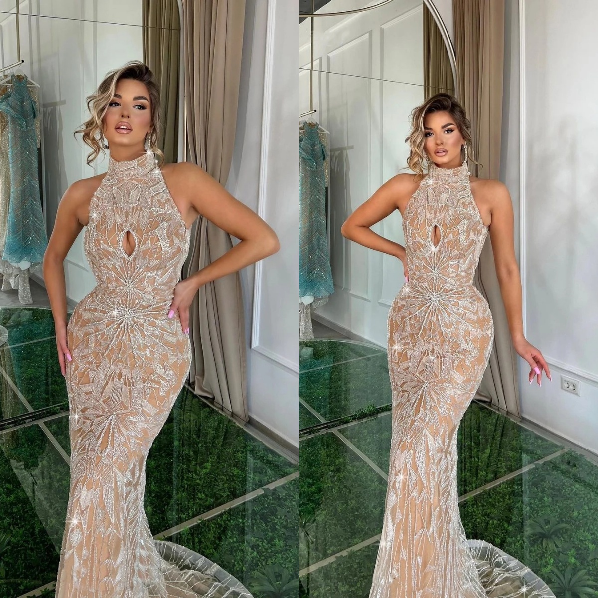 Gorgeous Mermaid Wedding Dresses High Neck Bridal Gowns Beading Sequins Backless Sweep Train Custom Made Sleeveless Bride Vestido de novia