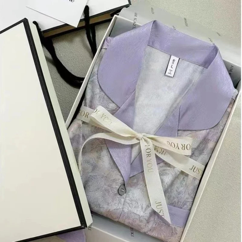 Flowers Twill Print Classy Womens Pajamas Spring Autumn Two-piece Sets Long Female Lounges Simulated Silk 2024 Y2k Homewear 240530