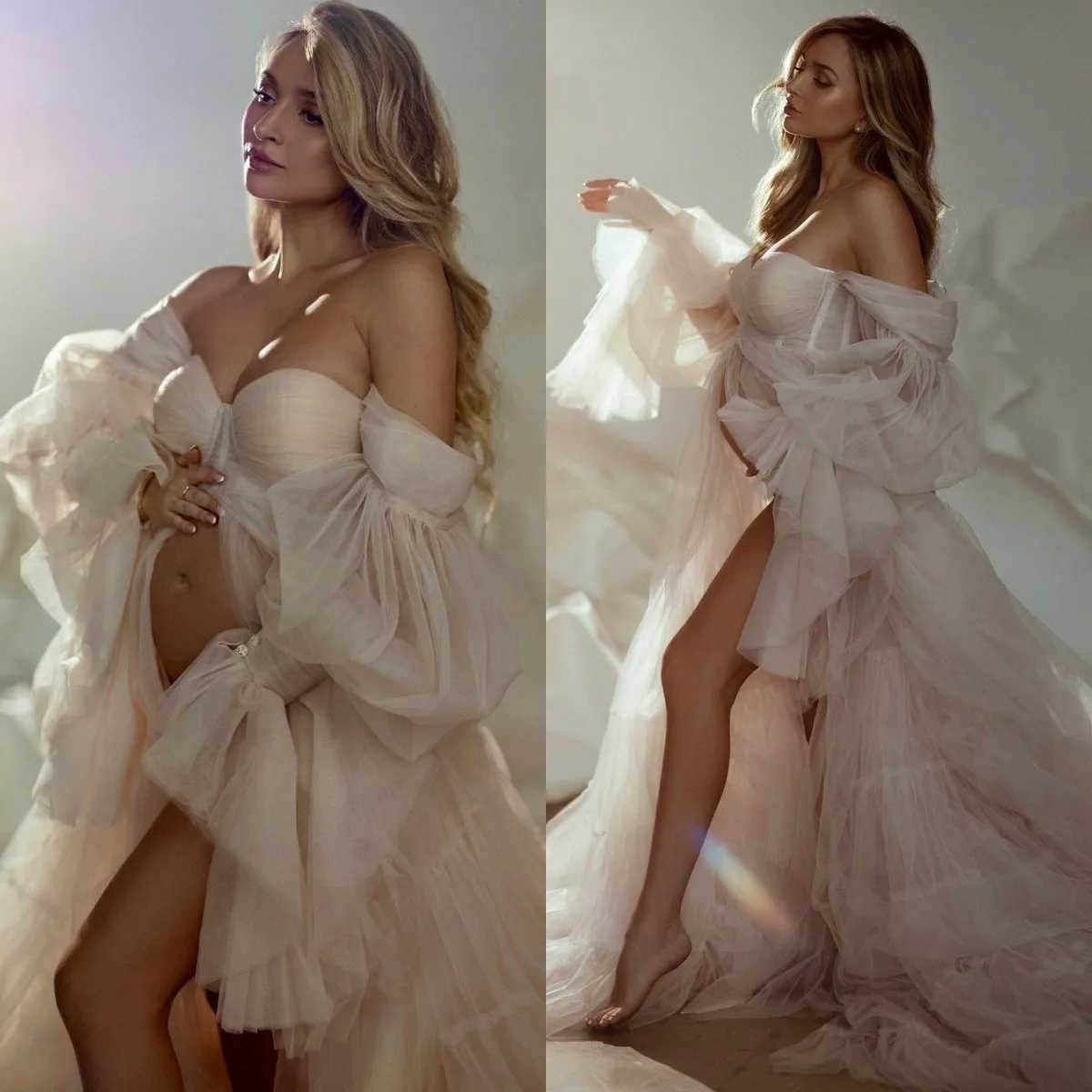 Sexy Women Night Robe Tulle Long Sleeves Custom Made Ruffles Bridal Sleepwear Party Bridal Dressing Gown