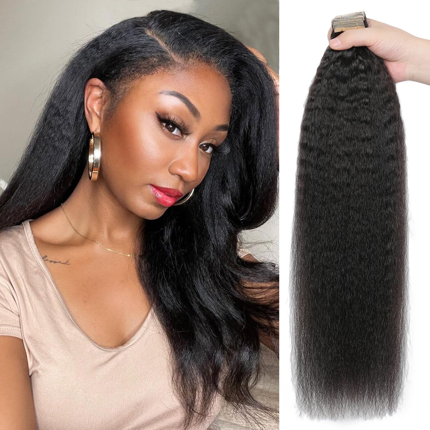 Tape In Kinky Straight Human Hair Extensions Brazilian Hair Adhesive Extensions Skin Weft Black Brown 100% Real Human Hair for Women 20pcs/lot