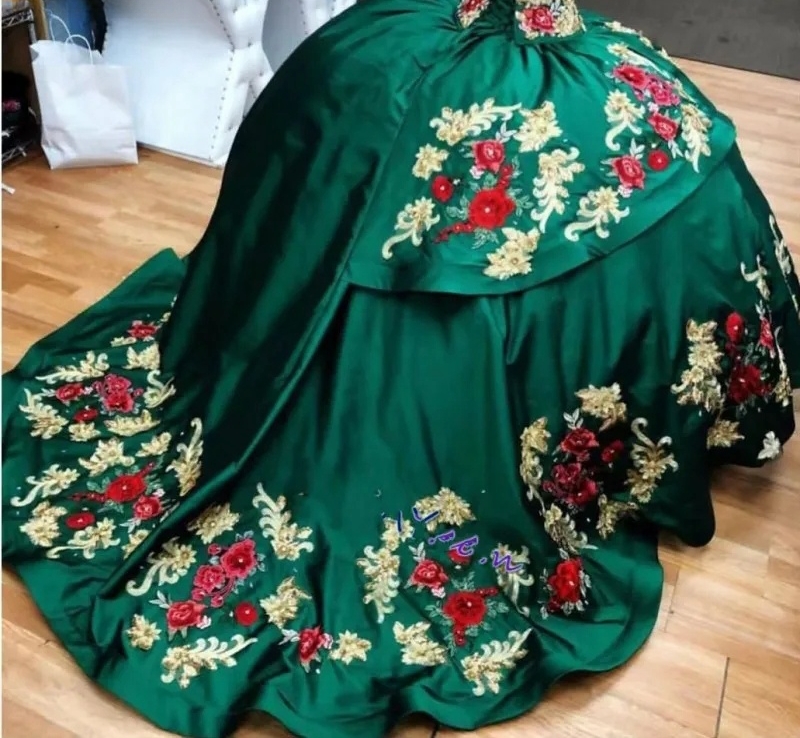 Green Mexican Quinceanera Dresses Ball Gown Sweetheart Appliques Beaded Puffy Charro Sweet 16 Dresses 15 Anos