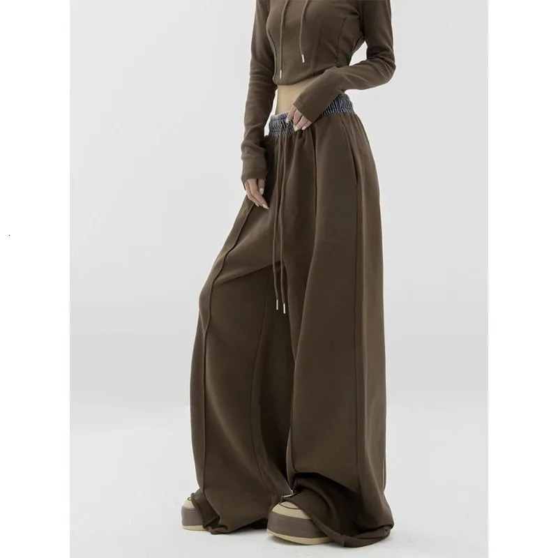 Deeptown Vintage Baggy Sweatpants Women Harajuku Oversize Brown Wide Pants Autumn Y2k Sports Trousers Warm Female Retro Fashion 240528