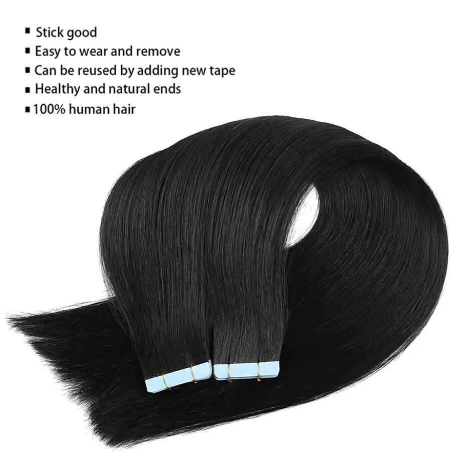Tape In Straight Brazilian Adhesive Extensions Skin Weft Black Brown 100% Real Human Hair For Women 20Pcs/Lot