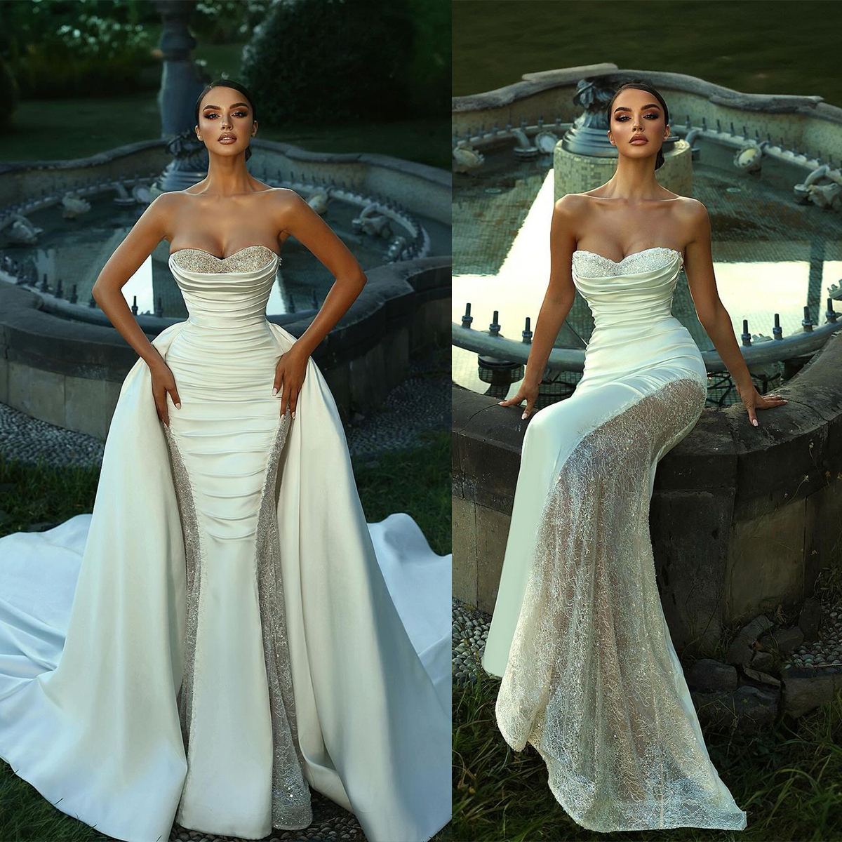 Sexy Mermaid Prom Dress Luxury Shine Sweetheart Evening Dress Deep Detachable Sweep Tail Bridal Gown Custom Made Sleeveless Plus Size vestido de novia